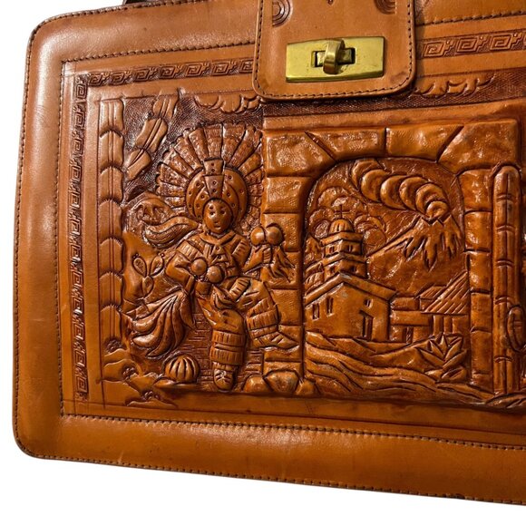 Vintage Embossed Leather Shoulder Bag With Mexican Folk Art Design - Picture 3 of 10